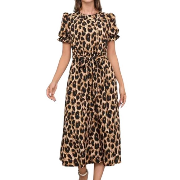 Leopard Lace-up Round Neck Puff A-line Dress - Picture 4 of 5